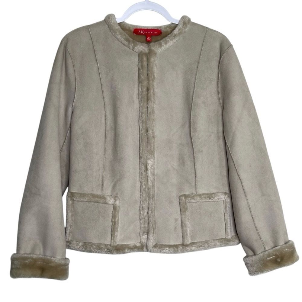 Anne Klein Faux Suede Cream Jacket Faux Fur Lined Plush Cozy Comfy Warm Size M